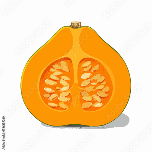 A wedge of pumpkin with bright orange flesh revealing vibrant seeds and detailed textures.