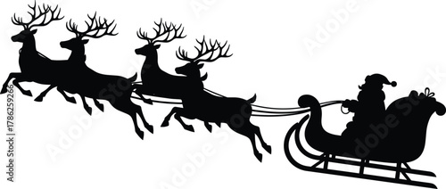 Santa Claus silhouette, flying sleigh, Christmas reindeer, festive night, holiday magic, winter scene, gift delivery, seasonal joy, black illustration, iconic Christmas