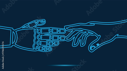 Futuristic Neon Outline Vector Graphic Depicting The Moment Of Connection Between Advanced Artificial Intelligence And Organic Human Life Representing Innovation And Partnership In The Digit