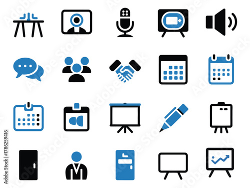 A collection of business and communication icons, featuring diverse functions like meetings and scheduling.