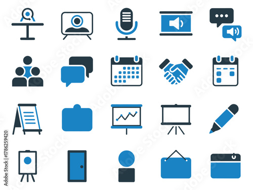 A collection of communication and planning icons in blue and gray tones.