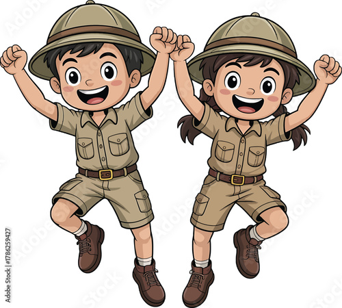 Happy Kids in Safari Outfits Jumping Up with Excitement