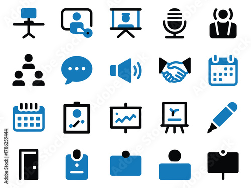 A collection of diverse icons representing communication, teamwork, and presentation tools.