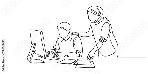 Minimalist line drawing: mentorship in modern workplace setting