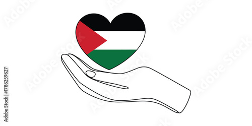 Palestinian flag heart held gently by an outline hand graphic