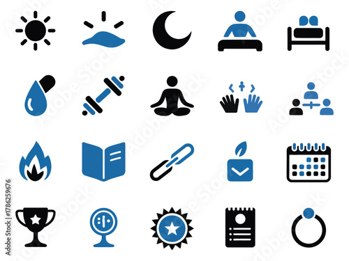 A collection of blue icons representing health, wellness, and productivity elements.