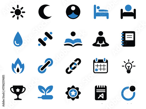 Stylish icons representing various concepts wellness, productivity, and lifestyle.