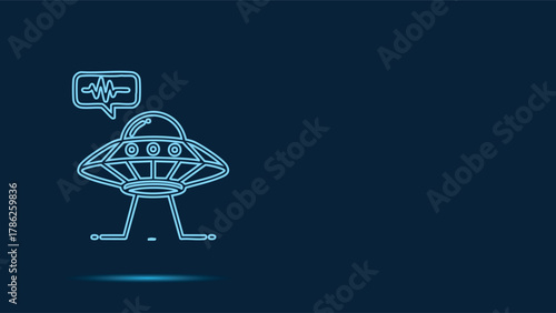 Futuristic Neon Outline Vector Illustration of a Classic Flying Saucer UFO Landing on Earth with an Extraterrestrial Communication Sound Wave Signal in a Speech Bubble Against a Deep Space B