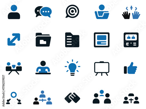 Collection of diverse communication and collaboration icons in blue and black.