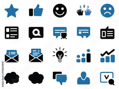 A collection of various communication and feedback icons in blue and black, conveying emotions and ideas.