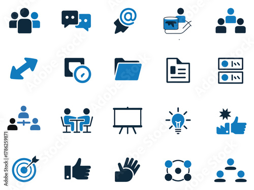 A collection of blue communication and collaboration icons, including chat, folders, and teamwork symbols.