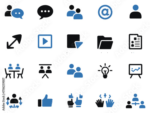 A collection of various modern communication and collaboration icons in blue and black.