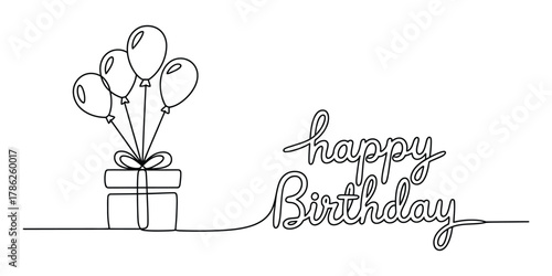 Happy birthday gift and balloons, continuous line art drawing