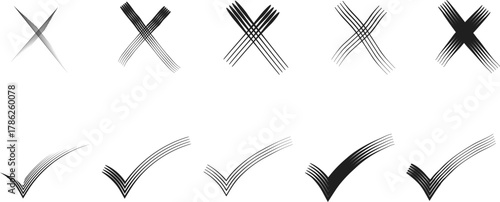 Modern Gradient Check Mark and Cross Mark Set: Black and White Icons with Smooth Textures.