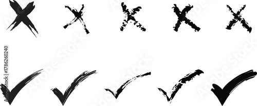 Hand-Drawn Grunge Check Mark and Cross Mark Set: Black Paintbrush Strokes for Design.