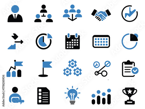 Diverse business and teamwork icons in black and blue, representing collaboration and success.