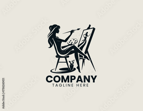 Elegant woman artist silhouette vector logo illustration seated at an easel painting with a brush and palette
