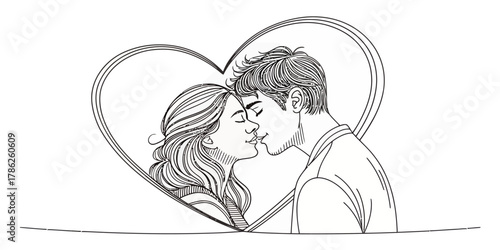 Christmas vector line art drawing of a couple kissing inside a heart shaped frame with detailed hair and clothing