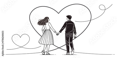 Christmas vector couple holding hands walking toward a large heart shape with a smaller heart shape nearby drawing