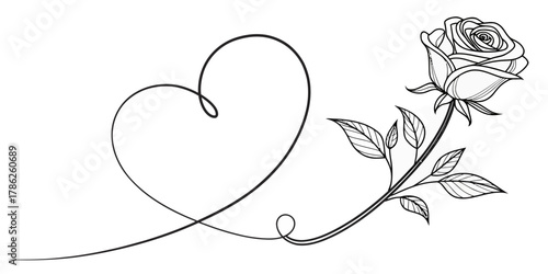 Christmas vector elegant line drawing of a rose with leaves connected to a heart shaped flourish design element
