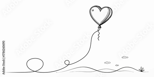 Christmas vector heart shaped balloon floating above a landscape with clouds and a small plant in black and white