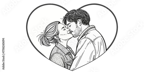 Christmas vector illustration of a kissing couple inside a heart shape with detailed line work and shading effects present