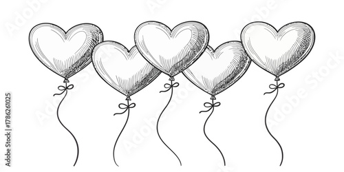 Christmas vector illustration of five heart shaped balloons with strings tied in bows in a row on a white background