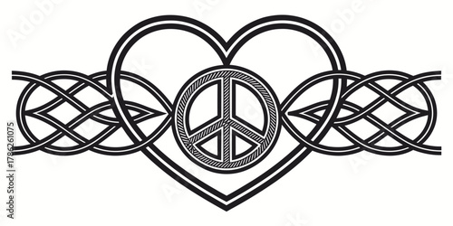 Christmas vector decorative peace symbol inside heart shape with celtic knot patterns on both sides design element