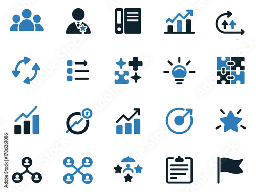 An array of business and analytics icons showcasing teamwork, growth, and strategy.