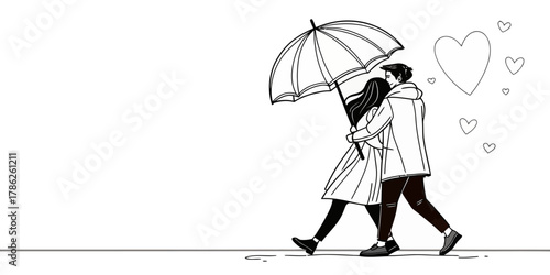 Christmas vector couple walking with umbrella surrounded by hearts in a black and white line drawing illustration