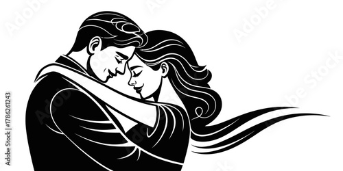 Christmas vector illustration of a couple embracing each other in a loving pose with flowing hair and clothing design