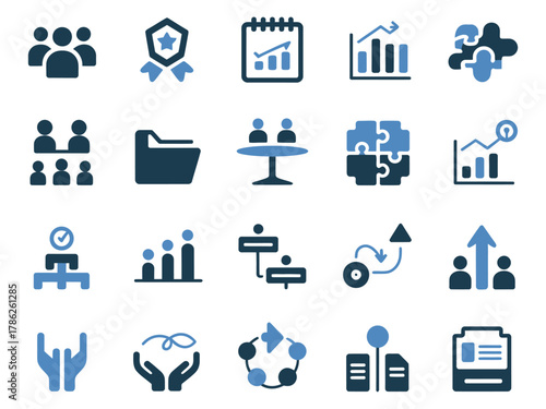 Collection of business and teamwork icons featuring graphs, collaboration, and growth elements.