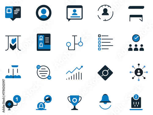 A collection of modern icons representing communication, data analysis, and user engagement.