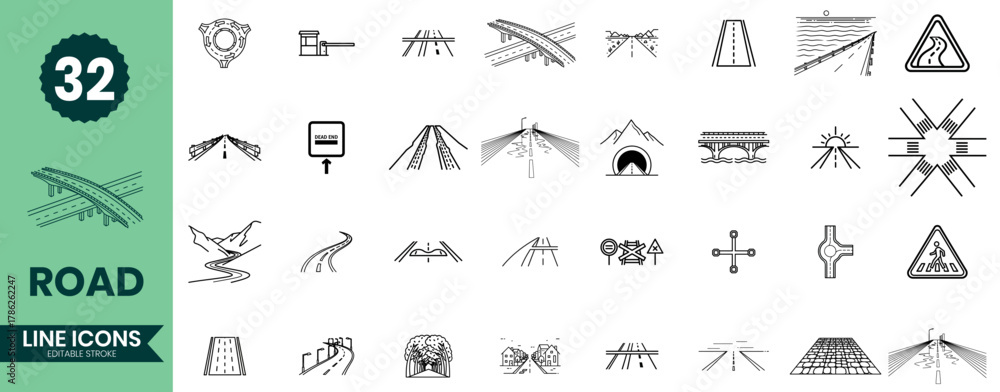 Fototapeta premium Road Line Icons Set 32 Highway, Bridge, Traffic, Infrastructure, and Transportation Outline Symbols