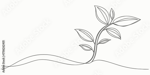 Christmas vector single line drawing of a plant with several leaves sprouting from the ground on a white background