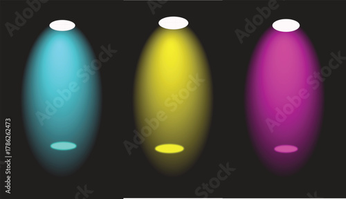 The image features three vibrant spotlights—cyan, yellow, and magenta—set against a stark black background, creating a striking visual contrast that enhances the brightness of the colors.