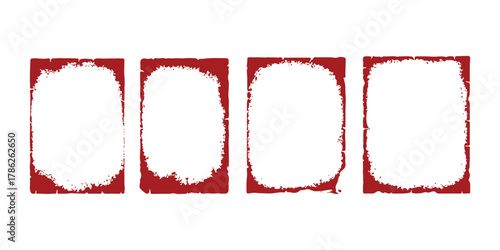 Four distressed grunge red rectangular frame borders, isolated on white background