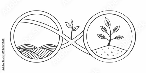 Christmas vector illustration of two circles connected with a sprout in the middle and nature scenes inside them