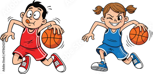 Happy boy and girl playing basketball, energetic children dribbling ball, cartoon sports illustration, teamwork, fun, fitness, and active lifestyle
