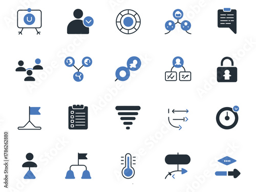 A collection of diverse icons representing teamwork, security, and data management.