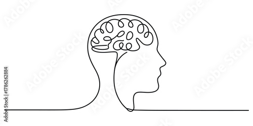 Continuous line art drawing of human head with brain concept