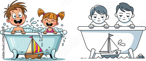 Happy cartoon kids playing in bathtub, cute boy and girl with toy sailboat, fun bath time illustration for children