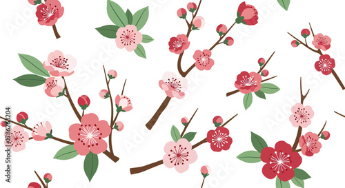 Floral elegance: seamless pattern of blooming pink sakura branches on a clean white backdrop