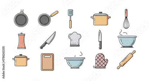 Flat vector illustration of kitchenware and cooking utensils for culinary designs and creations