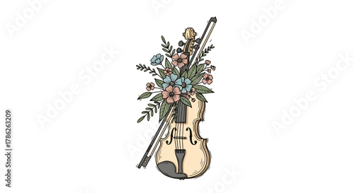 Floral symphony: A delicate violin adorned with blossoms and leaves artwork illustration