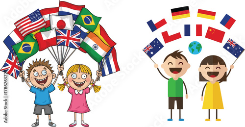 Happy children holding multiple international country flags, celebrating world unity, cultural diversity, peace, friendship, and global connection in colorful vector illustration