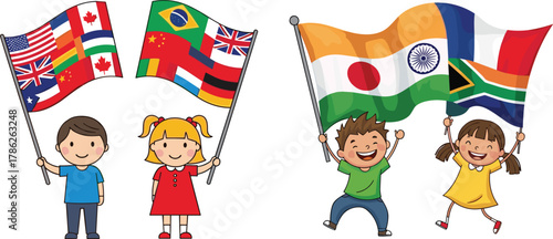 Happy children holding multiple country flags, celebrating world unity, international friendship, diversity, peace, cultural connection, global community, vector cartoon illustration