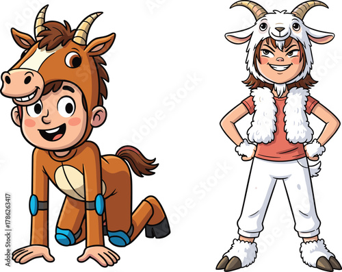 Happy kids in funny animal costumes, cute boy dressed as horse and girl dressed as goat, playful cartoon illustration art
