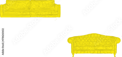 The image features two distinct yellow couch illustrations set against a clean white background, allowing their unique designs to be clearly visible.