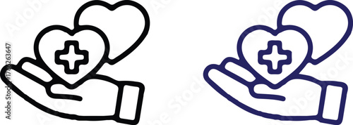 hand holding heart bule black line icons set vector illustration design medical health care icons